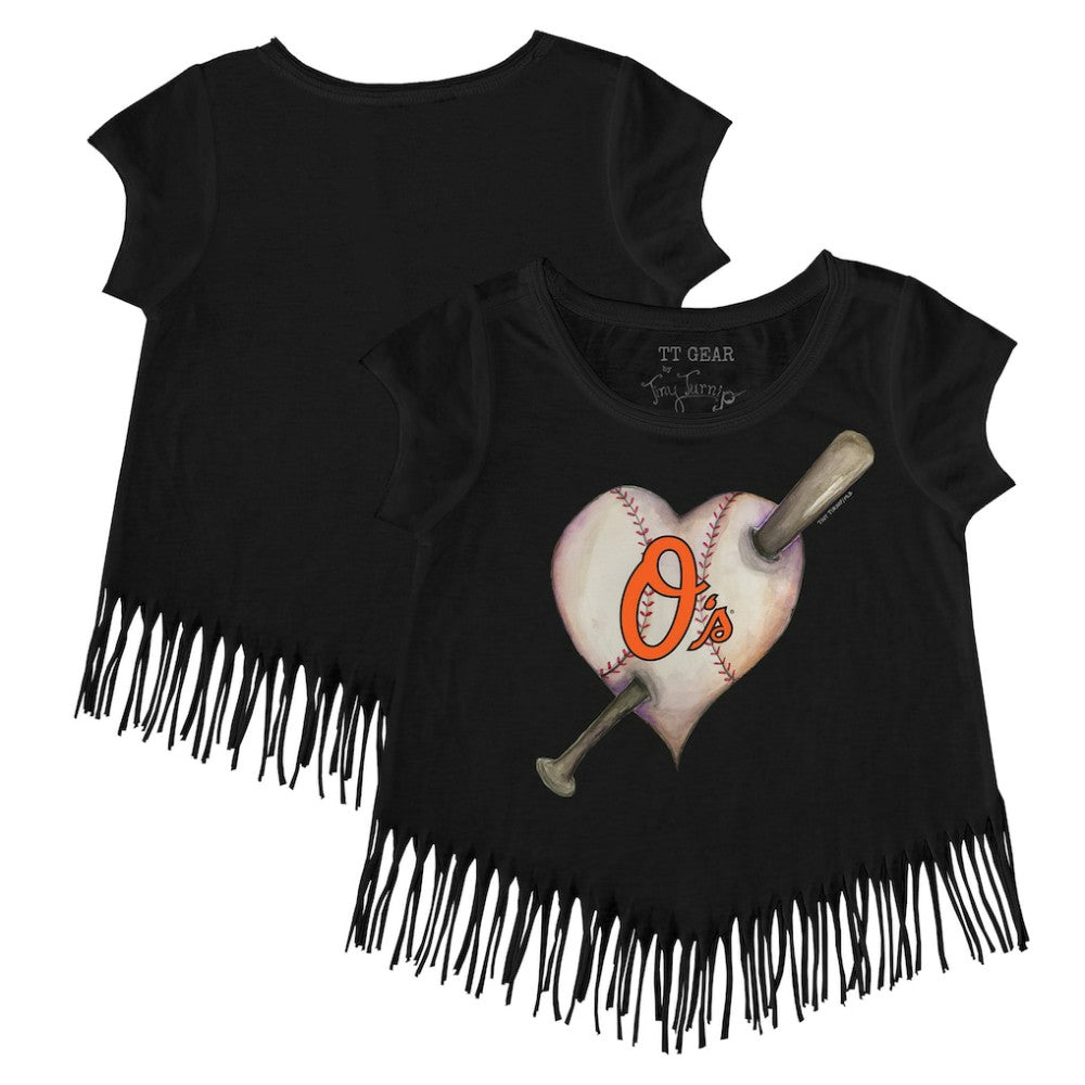 Baltimore Orioles Tiny Turnip Girls Youth Heart Bat Fringe T-Shirt Lifestyle
