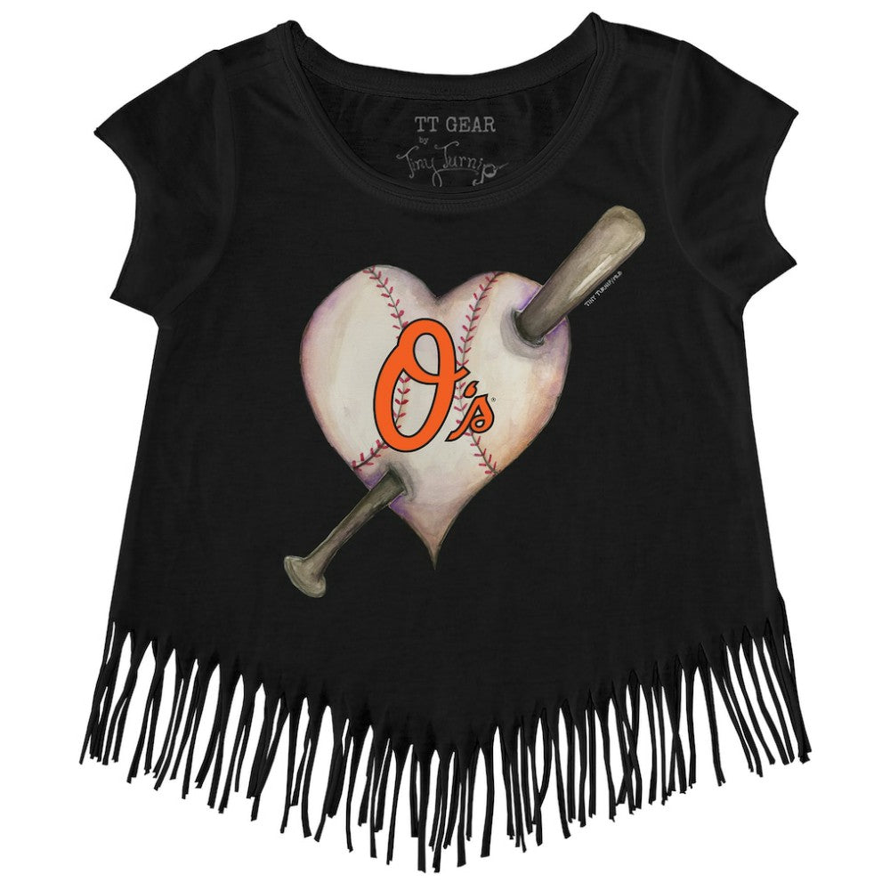 Baltimore Orioles Tiny Turnip Girls Youth Heart Bat Fringe T-Shirt Lifestyle