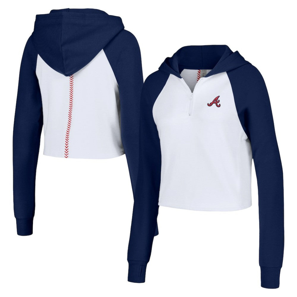 Atlanta Braves Lusso Women's Jane Raglan Quarter-Zip Tri-Blend Cropped Pullover Hoodie Clearance