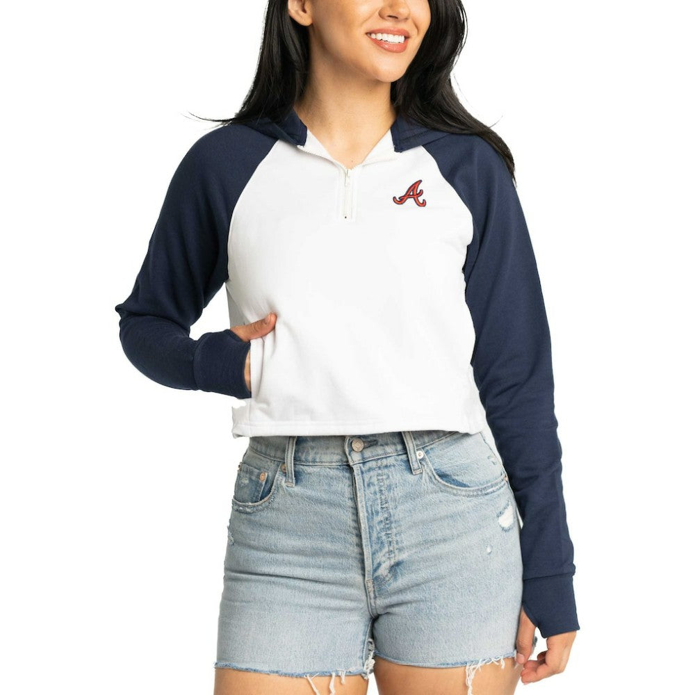 Atlanta Braves Lusso Women's Jane Raglan Quarter-Zip Tri-Blend Cropped Pullover Hoodie Clearance