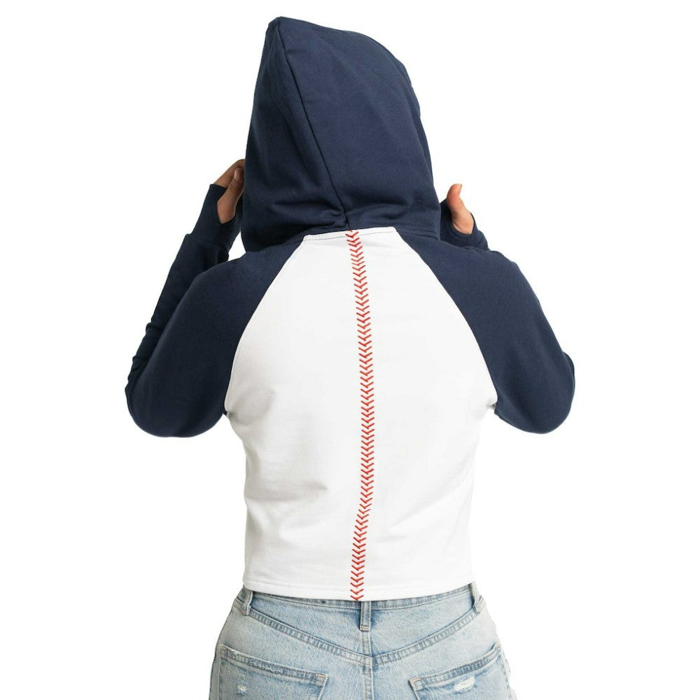 Atlanta Braves Lusso Women's Jane Raglan Quarter-Zip Tri-Blend Cropped Pullover Hoodie Clearance