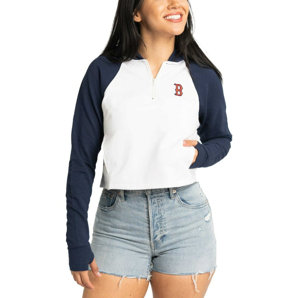Boston Red Sox Lusso Women's Jane Raglan Quarter-Zip Tri-Blend Cropped Pullover Hoodie for sale