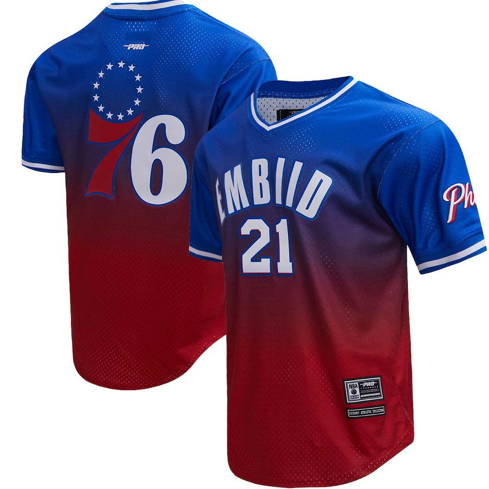 NBA - Joel Embiid Philadelphia 76ers Post Ombre Name & Number T-Shirt - Royal/Red